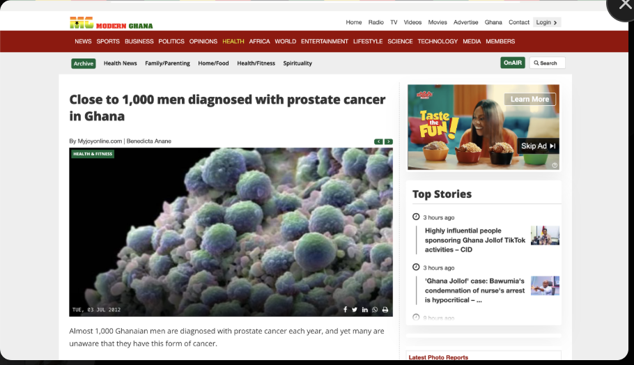 Modern Ghana article - Close to 1,000 men diagnosed with prostate cancer in Ghana